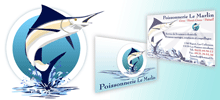 Logo, carte de visite et flyers de la poissonnerie Le Marlin